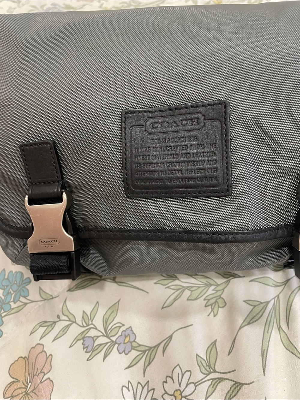 Coach Men's Gray Nylon Messenger Bag with Black Strap and Silver Buckles - Picture 2 of 10